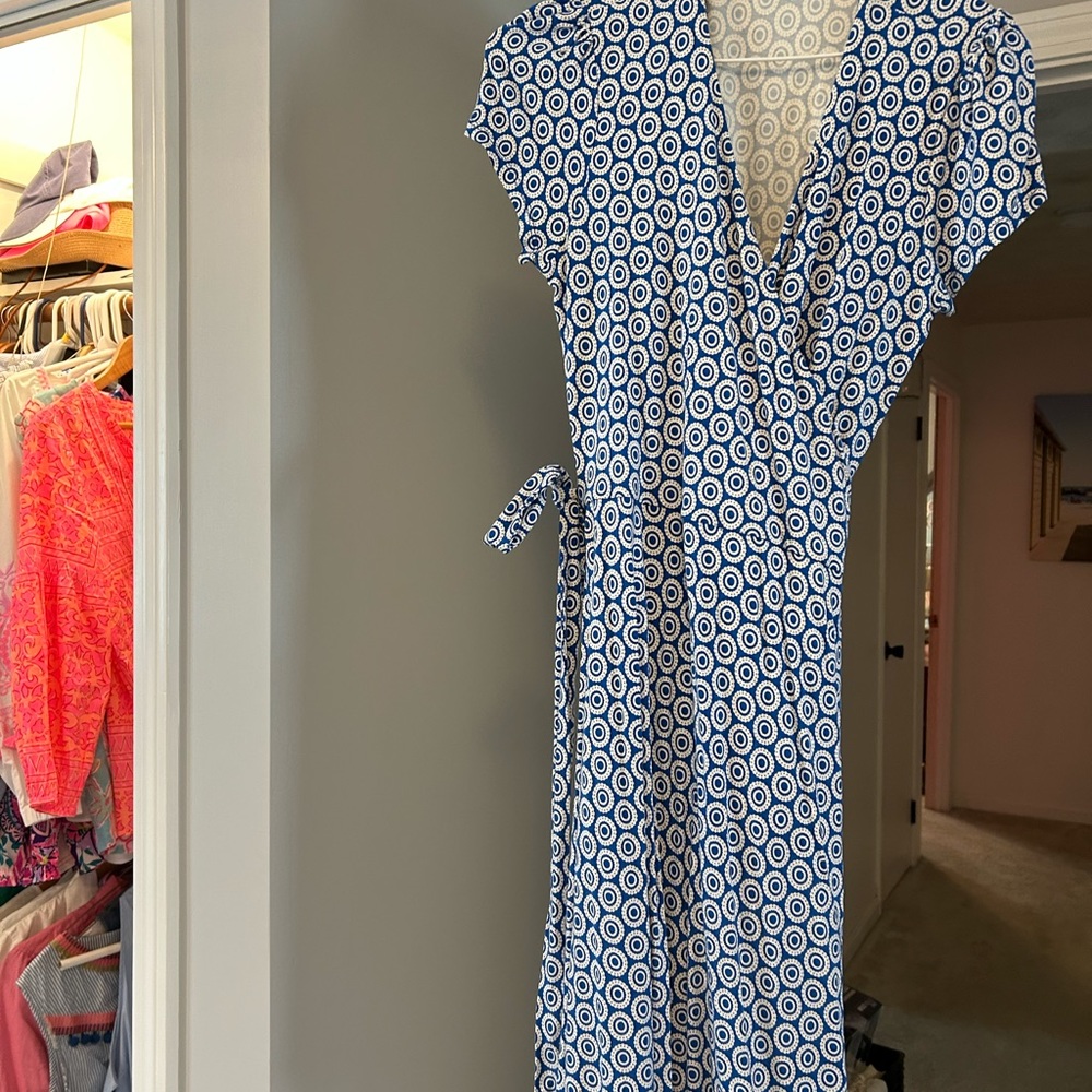 blue and white wrap dress